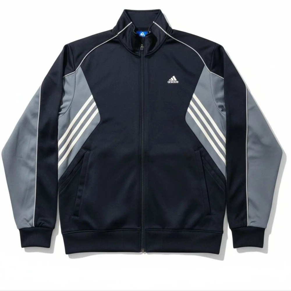Y2K Adidas Track Jacket Men's Sz L Black GRAY WHITE STRIPES Zipper Retro Vintage